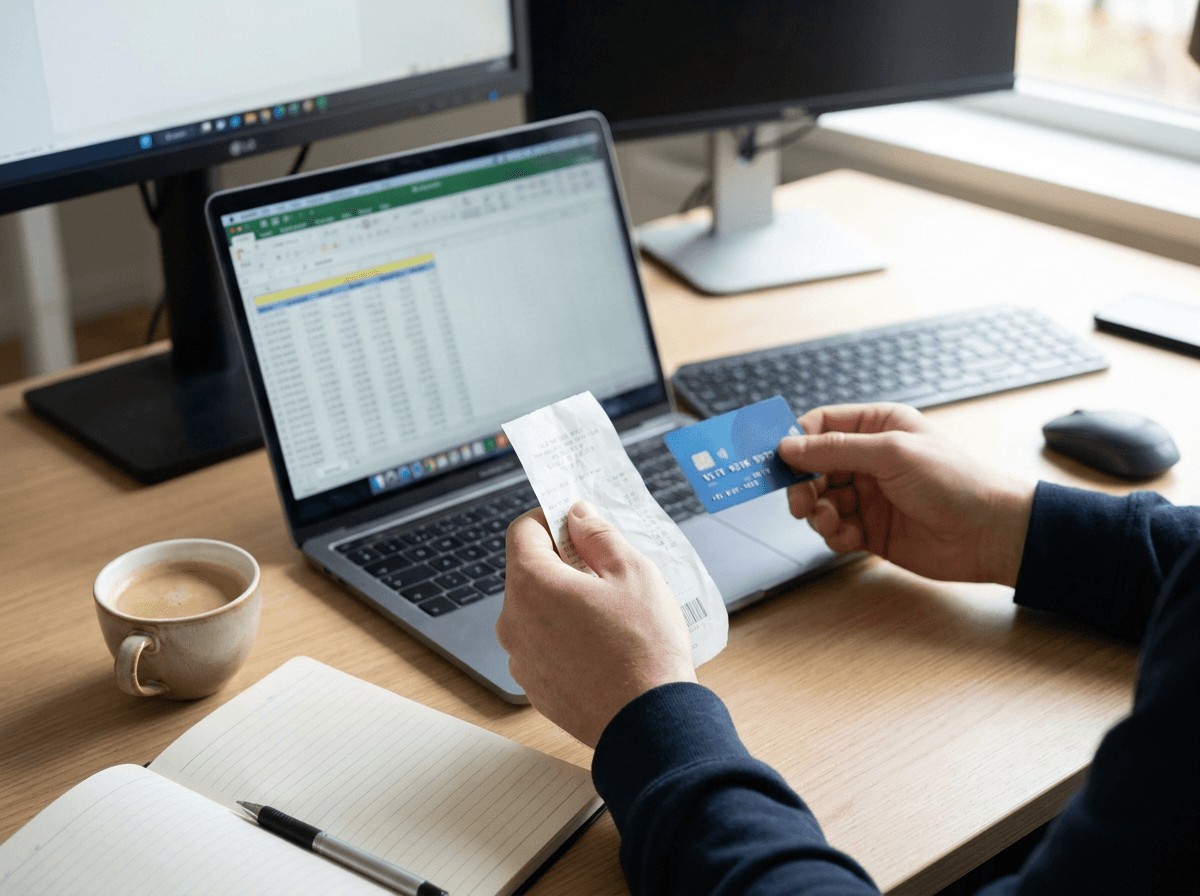 Persoon controleert bonnetje en betaalpas terwijl spreadsheet met transacties open staat op laptop tijdens administratie