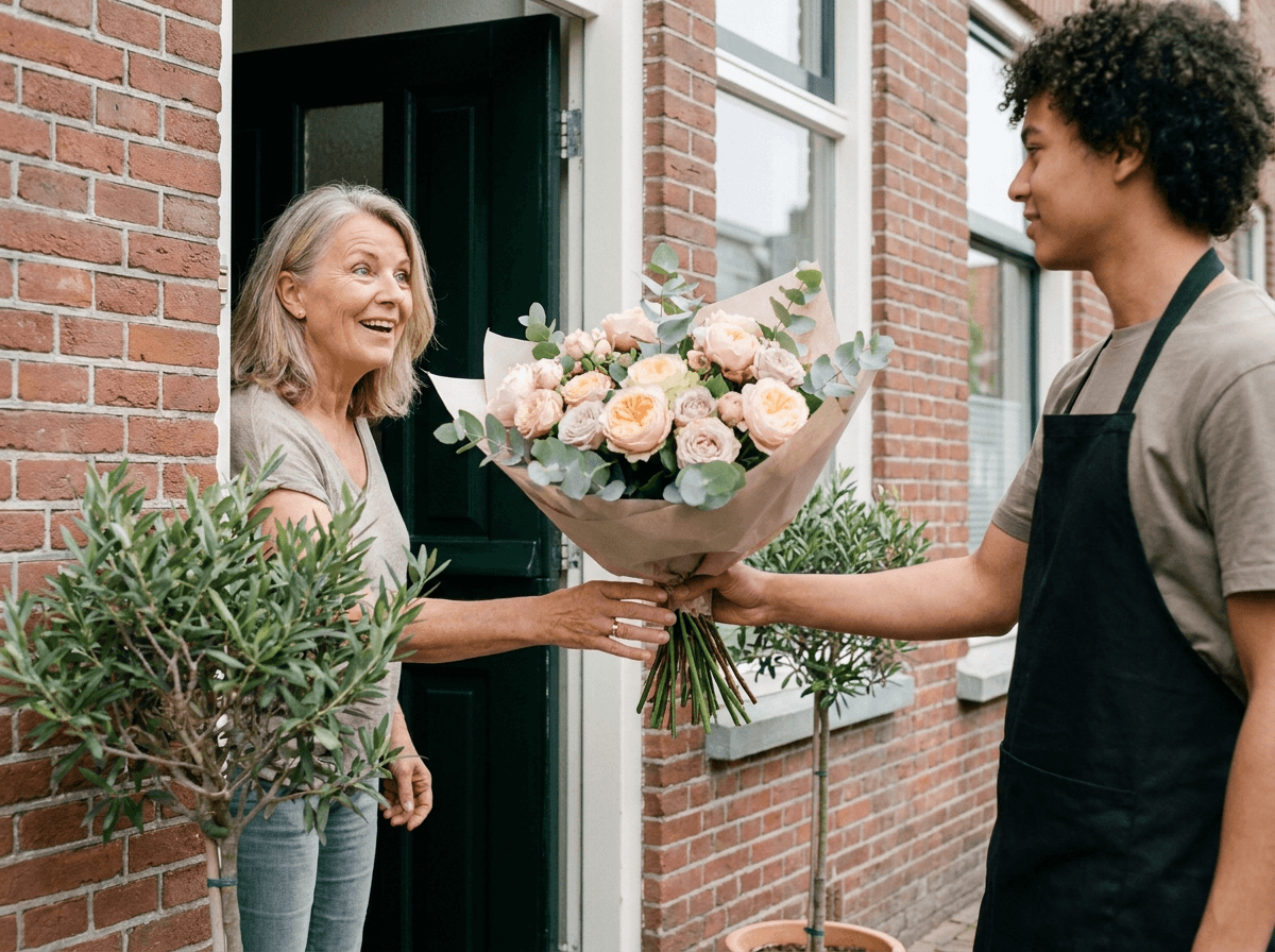 Bezorger overhandigt vrolijke vrouw een boeket rozen en eucalyptus aan de voordeur van een grachtenpand