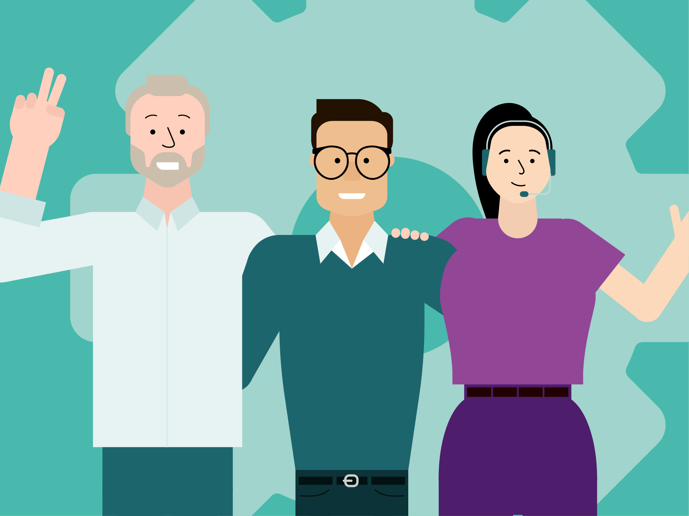 Illustratie van klantenservicemedewerker met headset naast collega's, symbool voor service en support