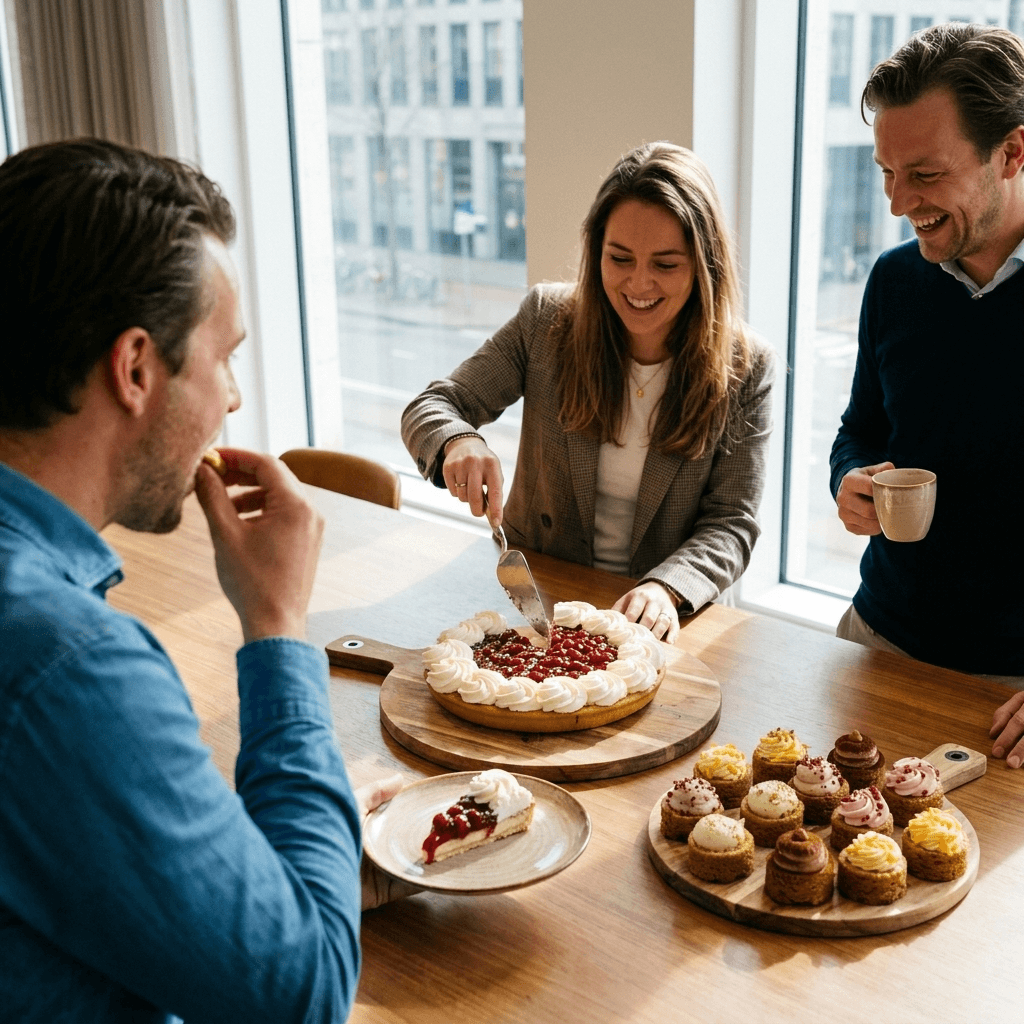 Collega snijdt taart aan tijdens gezamenlijk kantoormoment met cupcakes en koffie op tafel