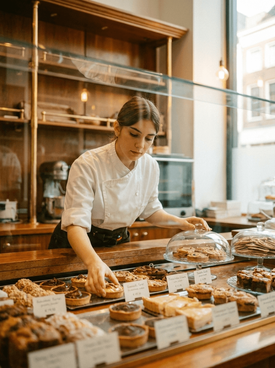 Banketbakker rangschikt ambachtelijke taartjes en gebak in vitrine van lokale patisserie