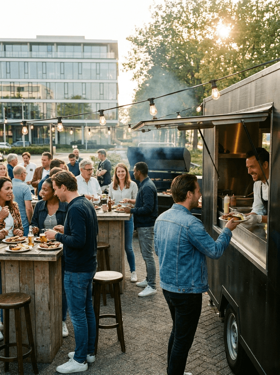 Collega's genieten van BBQ en foodtruck tijdens buiten bedrijfsevent bij zonsondergang