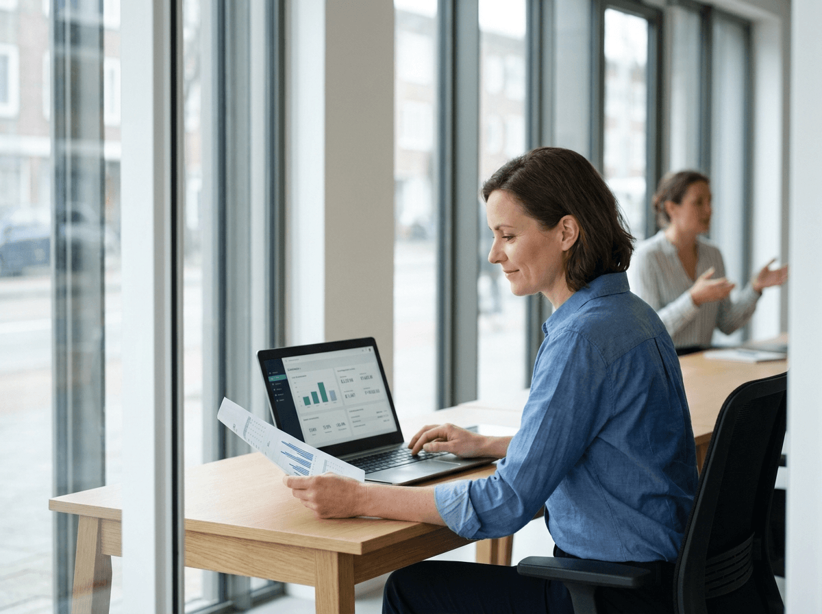 Vrouw bekijkt financiële grafieken op papier en vergelijkt data met dashboard op laptop aan bureau bij raam