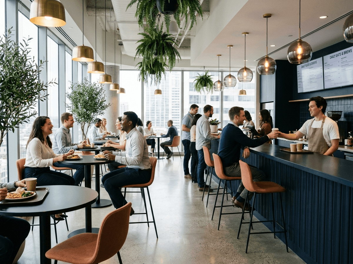 Collega's lunchen en drinken koffie in moderne bedrijfskantine met barista aan de bar en uitzicht op de stad