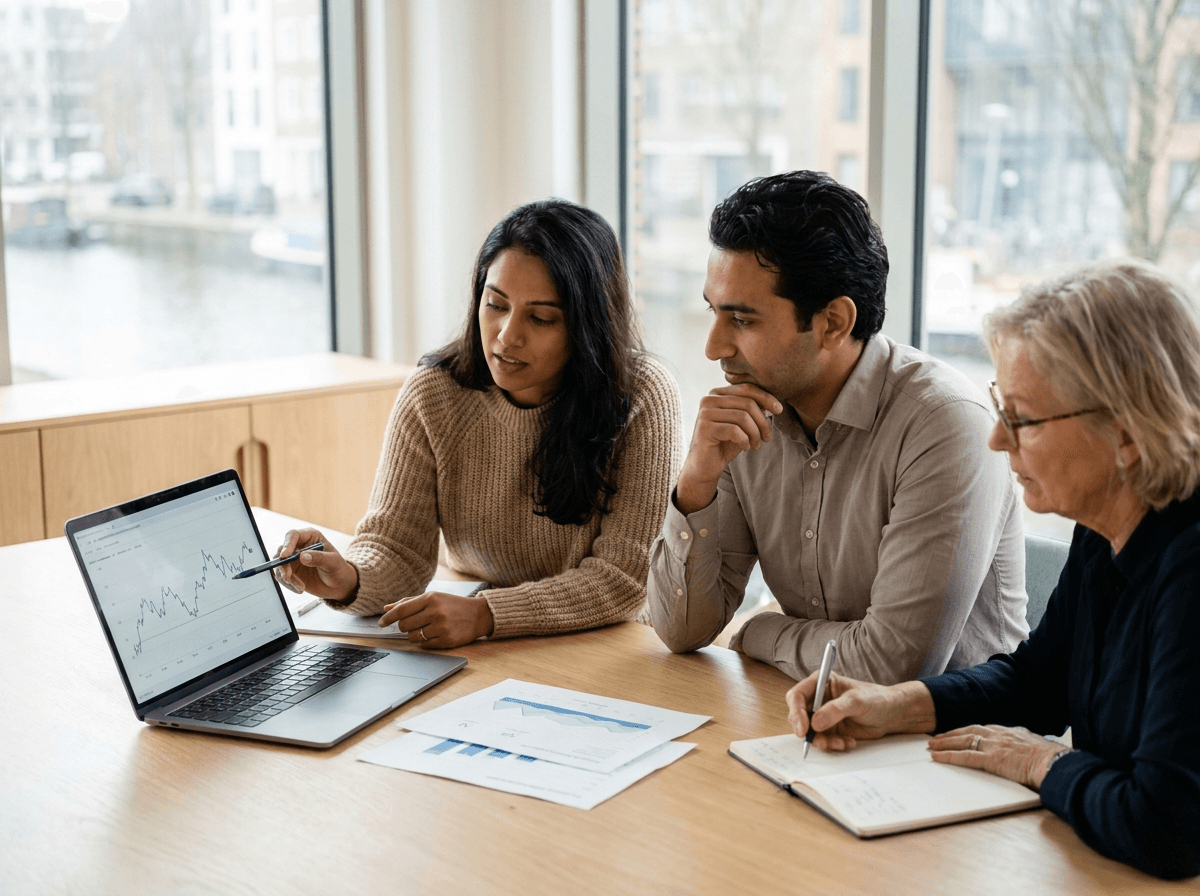 Drie collega's bespreken samen grafieken en trends op laptop en papieren rapporten tijdens vergadering