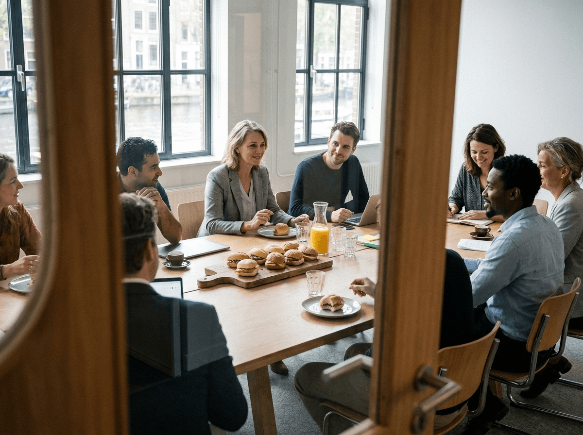 Collega's tijdens werklunch met broodjes en jus d'orange in vergaderruimte met uitzicht op Amsterdamse gracht