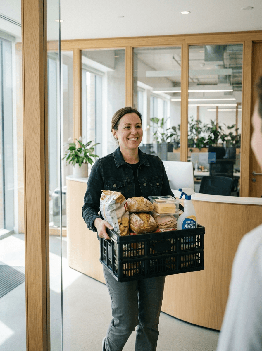 Glimlachende medewerker brengt krat met brood, beleg en schoonmaakmiddelen naar kantoorruimte