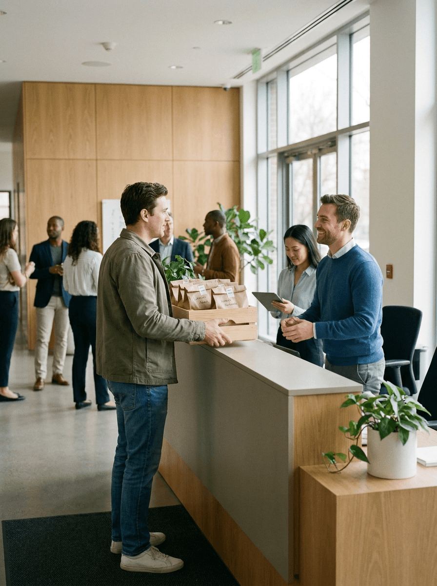 Bezorger levert krat met individuele lunchtassen af bij collega's op kantoor, digitale bestelling wordt bevestigd op tablet